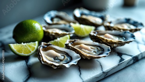 Fresh oysters served with lime on a marble board