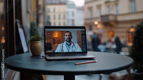 Obraz na płótnie Laptop open for video call with doctor. Home medical care, doctor consultation w salonie