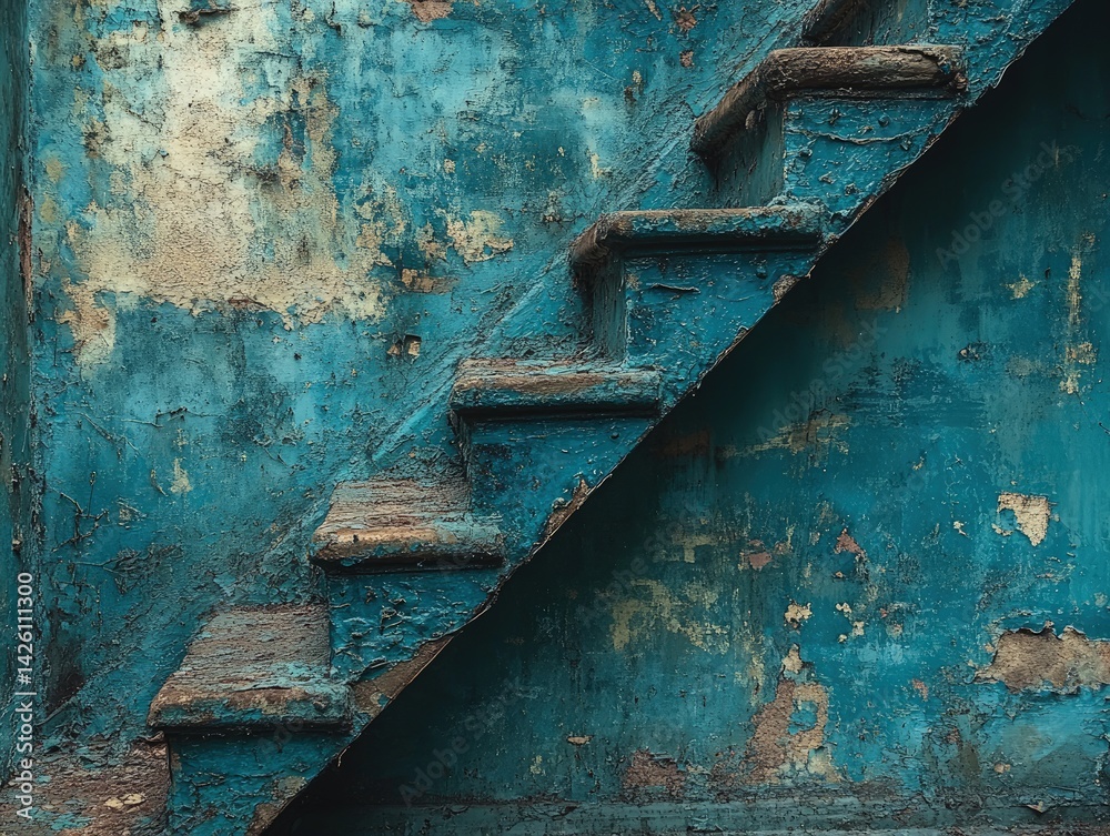 Blue painted stairs with weathered texture on a wall in an urban setting.