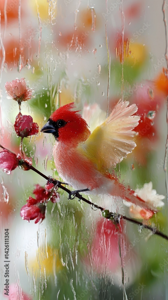 Bird sits on a branch with pink flowers against a blurred colorful background.