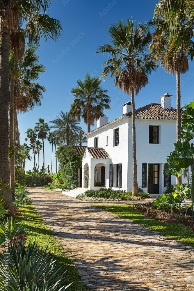 White house with palm trees and a path under a blue sky.