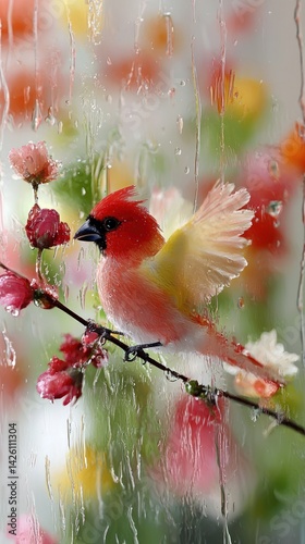 Obraz na płótnie Bird sits on a branch with pink flowers against a blurred colorful background. w salonie