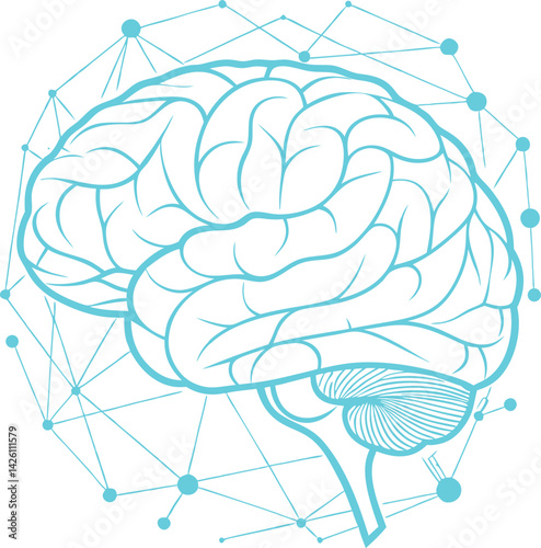 Glowing blue brain, neural network, digital mind, futuristic neuroscience, translucent brain structure vector illustration