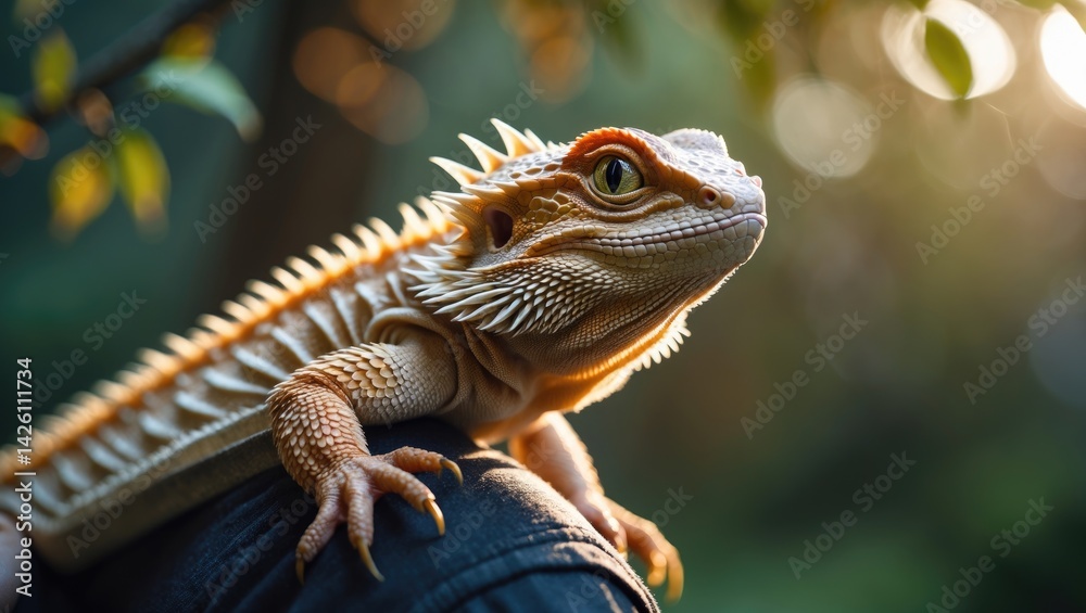 Fototapeta premium Bearded Dragon Resting on Shoulder in Nature