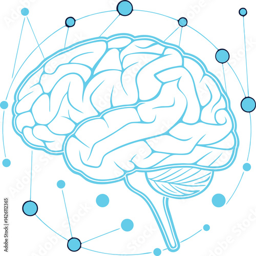 Glowing blue brain, neural network, digital mind, futuristic neuroscience, translucent brain structure vector illustration