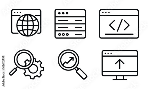 Web development line icons set: browser, server, code, seo, search, upload