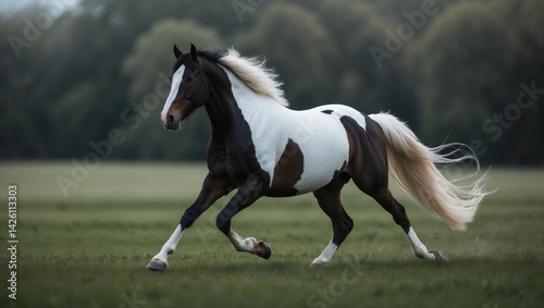 Elegant Overo Paint Horse Galloping Through the Field
