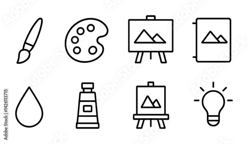 Outline art icon set: creativity tools for painting and design projects