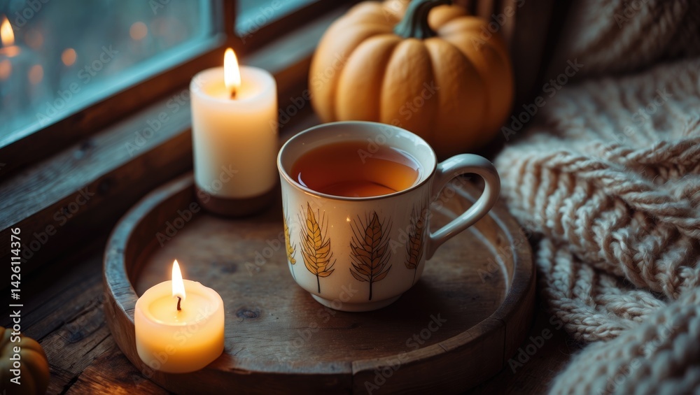 Relaxing fall scene featuring tea, candles, and natural warmth inside a cozy room Relaxing fall scene featuring tea, candles, and natural warmth inside a cozy room