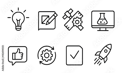 Innovative technology and creative development icon set - linear style