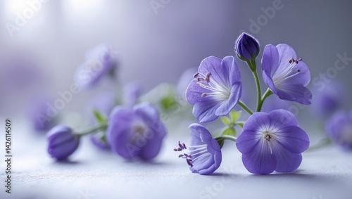 Delicate purple harebell against a white background with soft focus