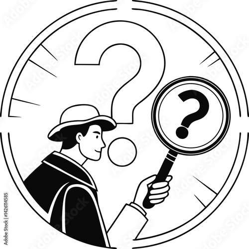 Hand holding magnifying glass, question mark vector illustration