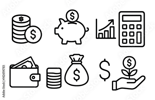 Obraz na płótnie Finance icon set: coins, piggy bank, growth chart, calculator, wallet, money bag, dollar symbol, investment w salonie