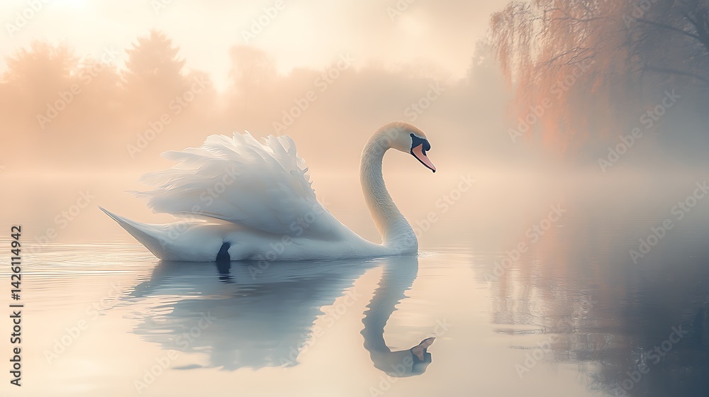 Obraz premium Swan elegance misty lake serenity images
