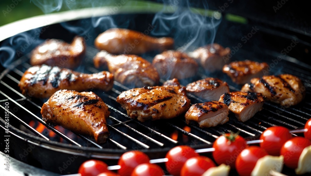 Grill and barbecue with coal, featuring healthy meats and vegetables on a summer fire background Grill and barbecue with coal, featuring healthy meats and vegetables on a summer fire background