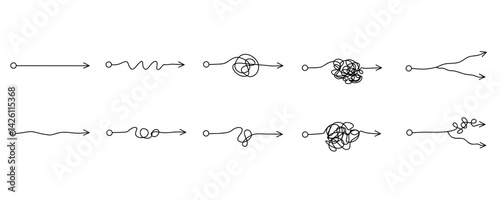 Scribble chaos lines with arrows. Simplifying mind process. Process of understanding. Work with a psychologist. Hand drawn doodle vector illustration isolated on white background.