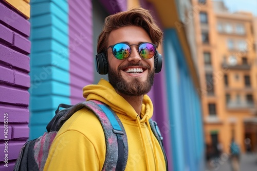 Smiling man with sunglasses and headphones stands near colorful wall outdoors.