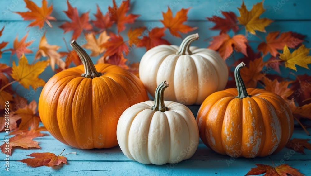 Fall pumpkin-themed background with autumn leaves and decor Fall pumpkin-themed background with autumn leaves and decor