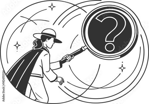 Hand holding magnifying glass, question mark vector illustration