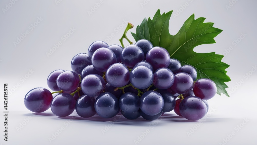 Fototapeta premium Juicy fresh blue grapes with green leaf on white background