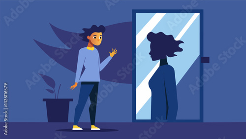 A person standing in front of a mirror breaking through their own reflection to reveal their true emotions and thoughts.. Vector illustration