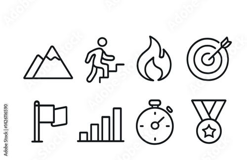 Minimalist success and achievement icons set - linear style for business and motivation themes