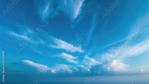 Stunning blue sky with a delicate layer of white clouds as a natural background