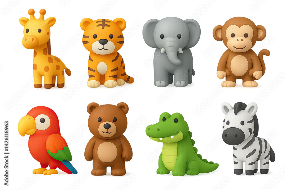 Animal icon set – 3d style wildlife and zoo symbols for graphic design, education, and apps: giraffe, tiger, elephant, monkey, parrot, bear, crocodile, zebra Animal icon set – 3d style wildlife and zoo symbols for graphic design, education, and apps: giraffe, tiger, elephant, monkey, parrot, bear, crocodile, zebra