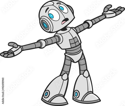  Metallic silver body, futuristic humanoid robot, expressive face, bright blue eyes, outstretched arms vector illustration 
