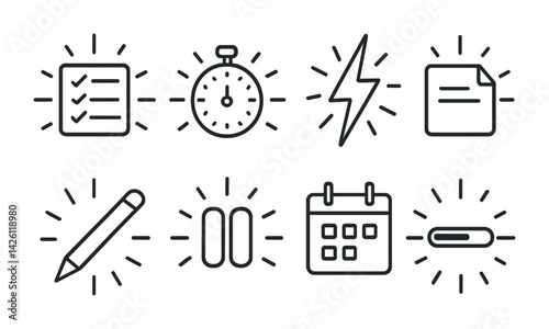 Efficient productivity icons set: linear design with task management and time tracking symbols