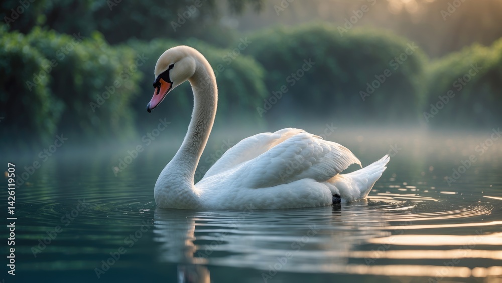 Fototapeta premium Elegant adult Mute Swan gliding across tranquil pond water