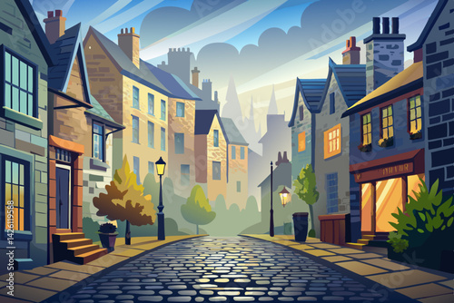 vector of Foggy cobblestone street in Scotland