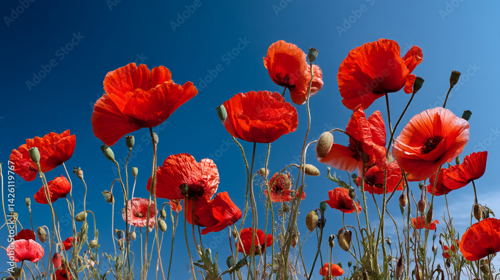 Obraz premium Low-angle view of numerous red poppies against a vibrant blue sky, showcasing their delicate petals and slender stems, symbolizing summer, nature, and beauty.