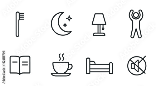 Minimalist outline icons set: nighttime essentials in linear style