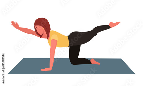A woman does Pilates or yoga on a mat. Sports and training. Vector illustration on a transparent background.