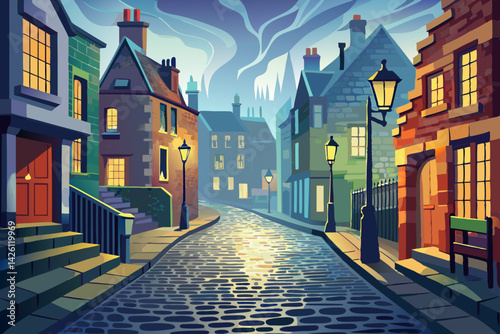 vector of Foggy cobblestone street in Scotland