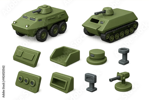Military vehicles and parts icon set – 3d style icons for defense design: tank, armored car, turret, wheel, track, hatch, cannon, military box