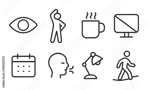 Daily routine activity icons set: linear style with 8 simple designs