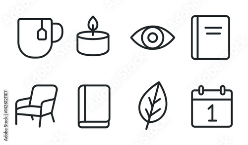 Cozy home icon set: tea, candle, and more in minimalist outline style