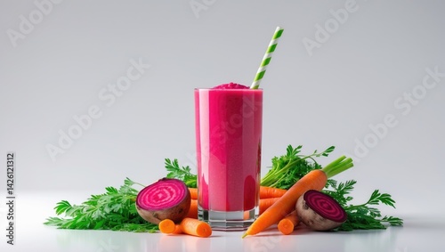 Glass of natural carrot and beetroot juice isolated on background photo
