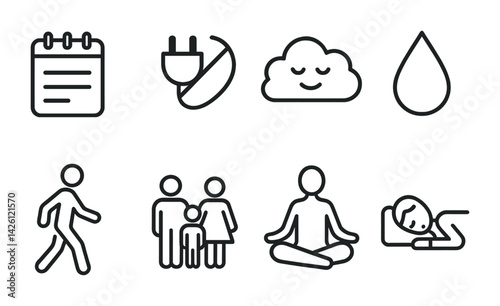 Minimalist linear icons set: calendar, electricity, weather, water, walking, family, meditation, sleep