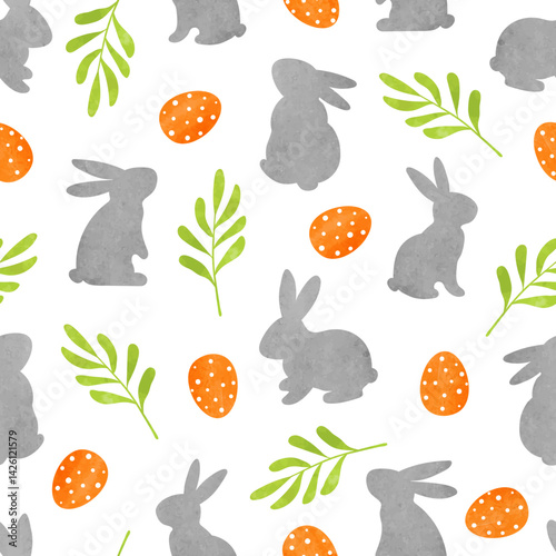 Rabbits and eggs seamless pattern. Easter watercolor vector illustration