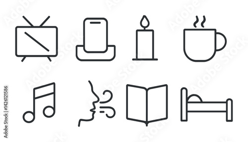 Cozy lifestyle outline icon set: tv, book, candle, hot drink, music, bed, calmness