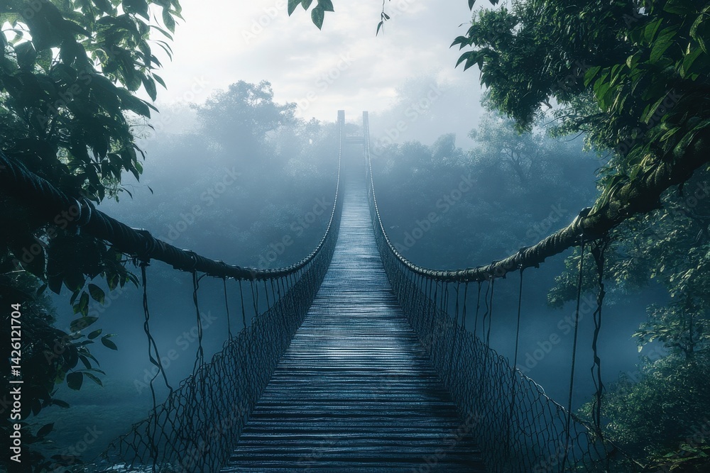 Fototapeta premium Walking across a suspended bridge in a forest on a foggy morning