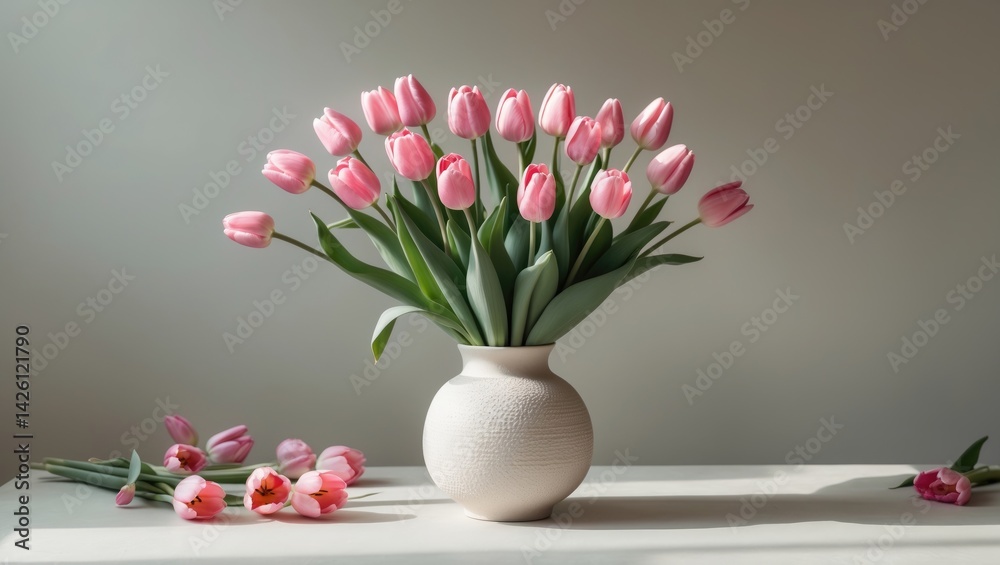 Elegant pink tulip bouquet in ceramic vase on table showcasing minimalist floral design with ample space Elegant pink tulip bouquet in ceramic vase on table showcasing minimalist floral design with ample space