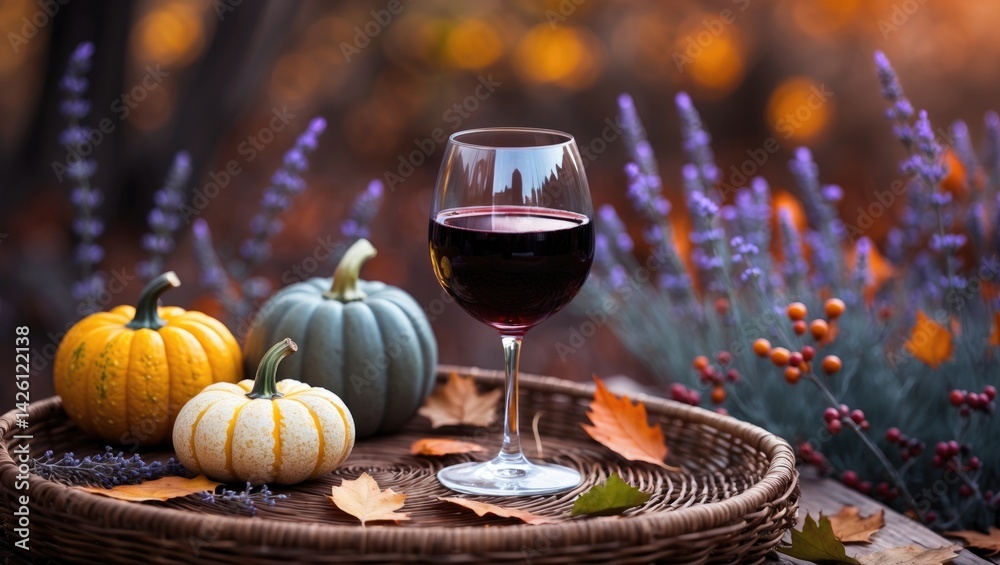 Naklejka premium Red wine glass on a wooden table adorned with pumpkins and dried leaves in an outdoor autumn setting.