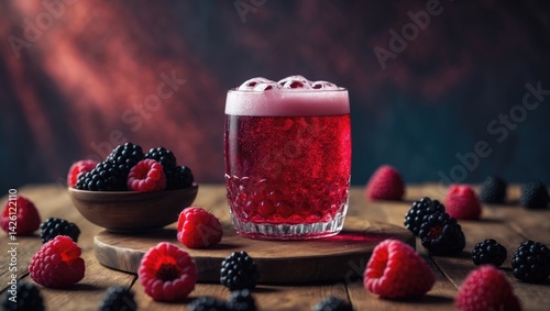 Delicious sweet fruit berry craft drink or cider featuring cold berry shandy cocktail with fresh raspberry and blackberry on a wooden table