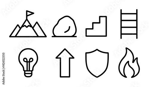 Achievement journey icons set: goal, growth, success symbols in linear style