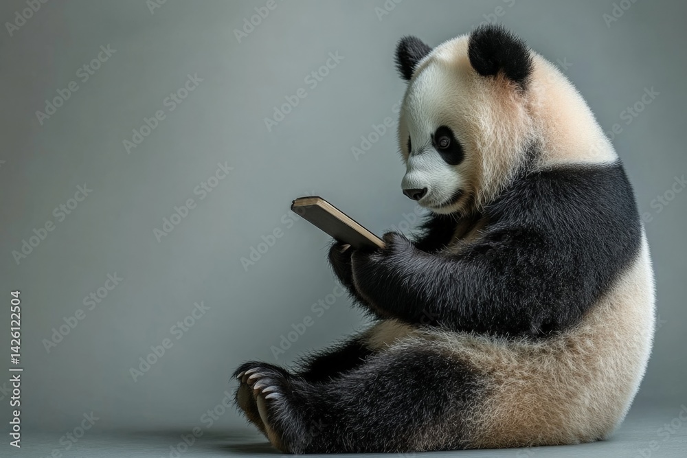 Fototapeta premium Panda interacting with smartphone in indoor setting, showcasing curiosity and playfulness in a modern environment