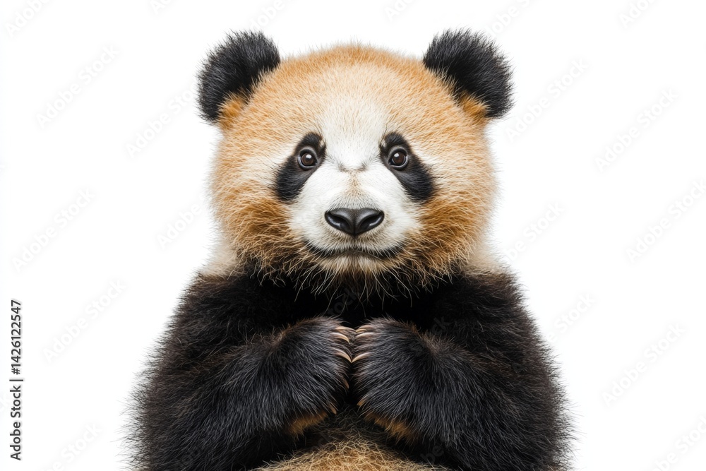 Fototapeta premium Cute young panda bear posing with its paws clasped while looking directly at the viewer against a plain background